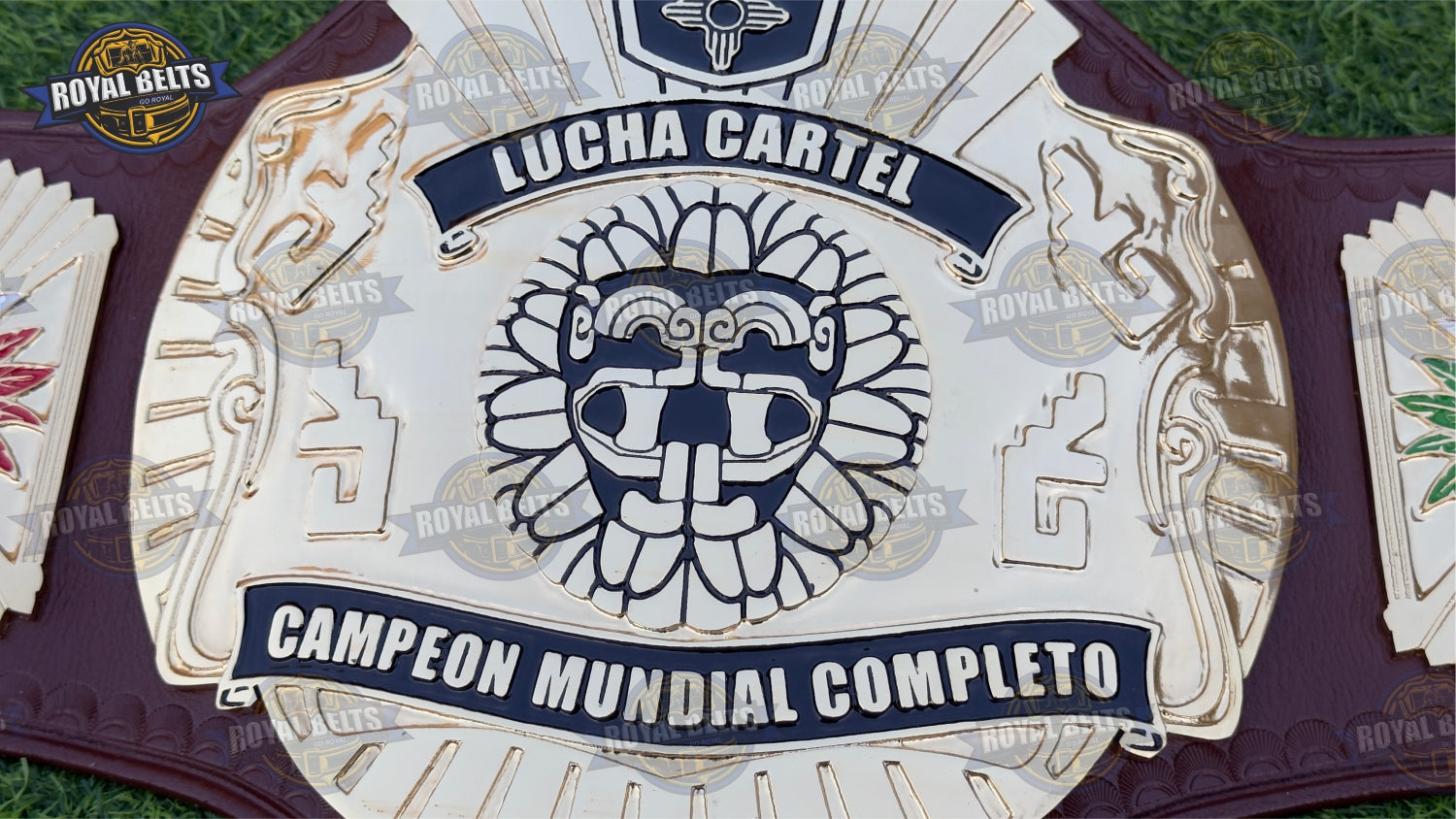 Lucha Cartel wrestling championship belt featuring gold plates , professional leather backing