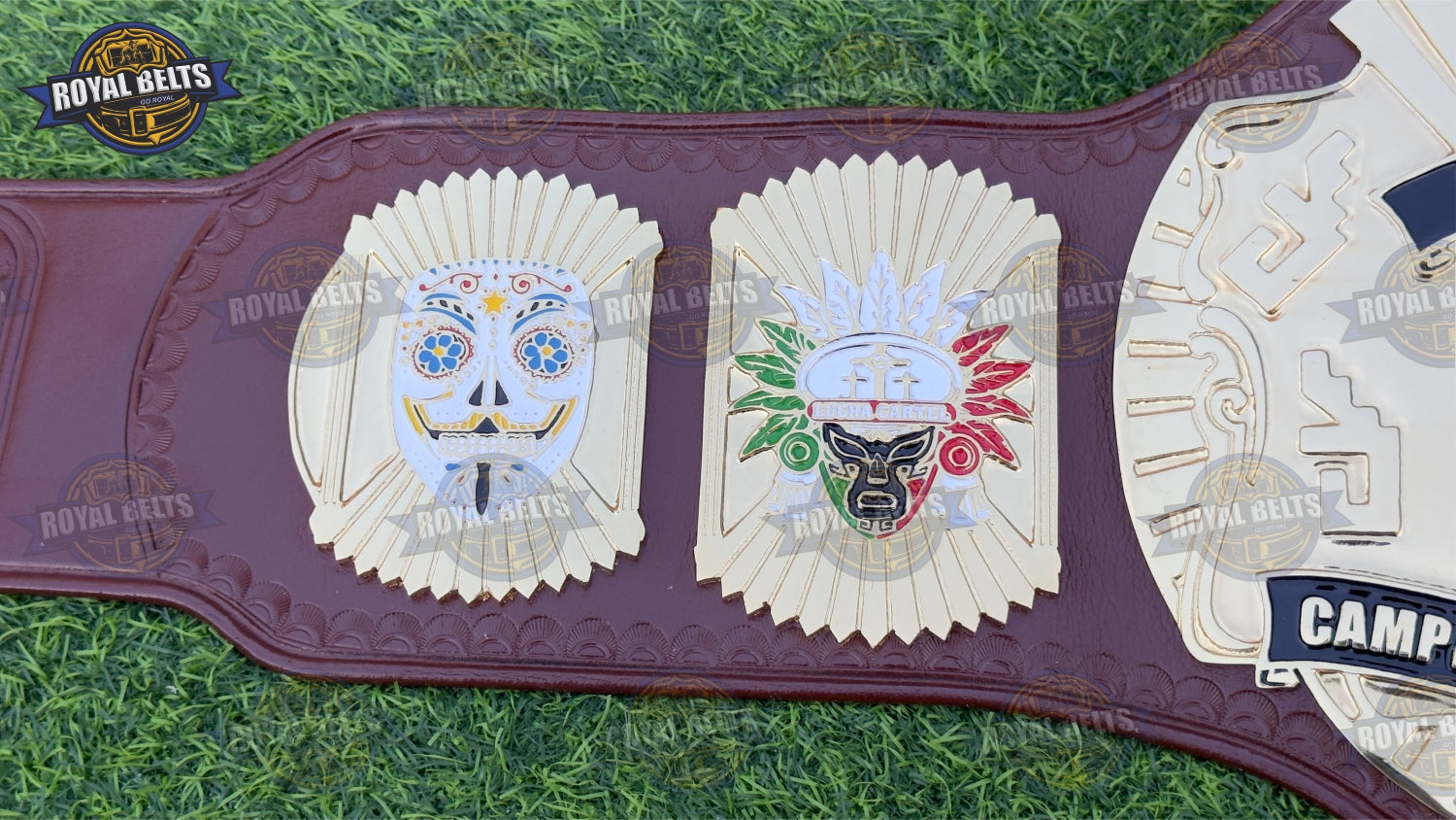 Lucha libre wrestling title belt with raised gold detailing , snap closure leather strap