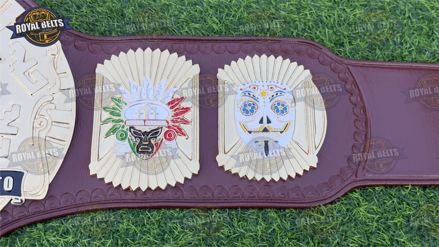 Mexican lucha championship belt replica with ornate gold plates and durable leather strap