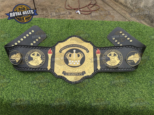 MIW Custom Championship Title Belt HD CNC gold center plate with black leather strap and snap closure Designed by Royal Belts