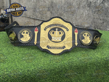 MIW Custom Championship Title Belt HD CNC featuring etched MIW logo and stitched leather backing Designed by Royal Belts
