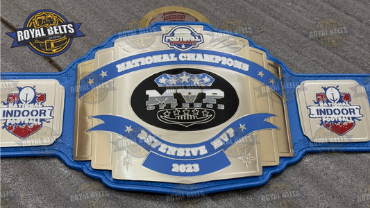 MVP National Champion Title Belt custom gold plates, HD CNC engraving, blue leather strap Made by Royal Belts