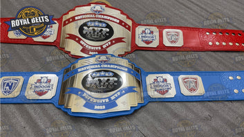 MVP National Championship Belt raised center logo, polished chrome finish, stitched leather backing Made by Royal Belts 