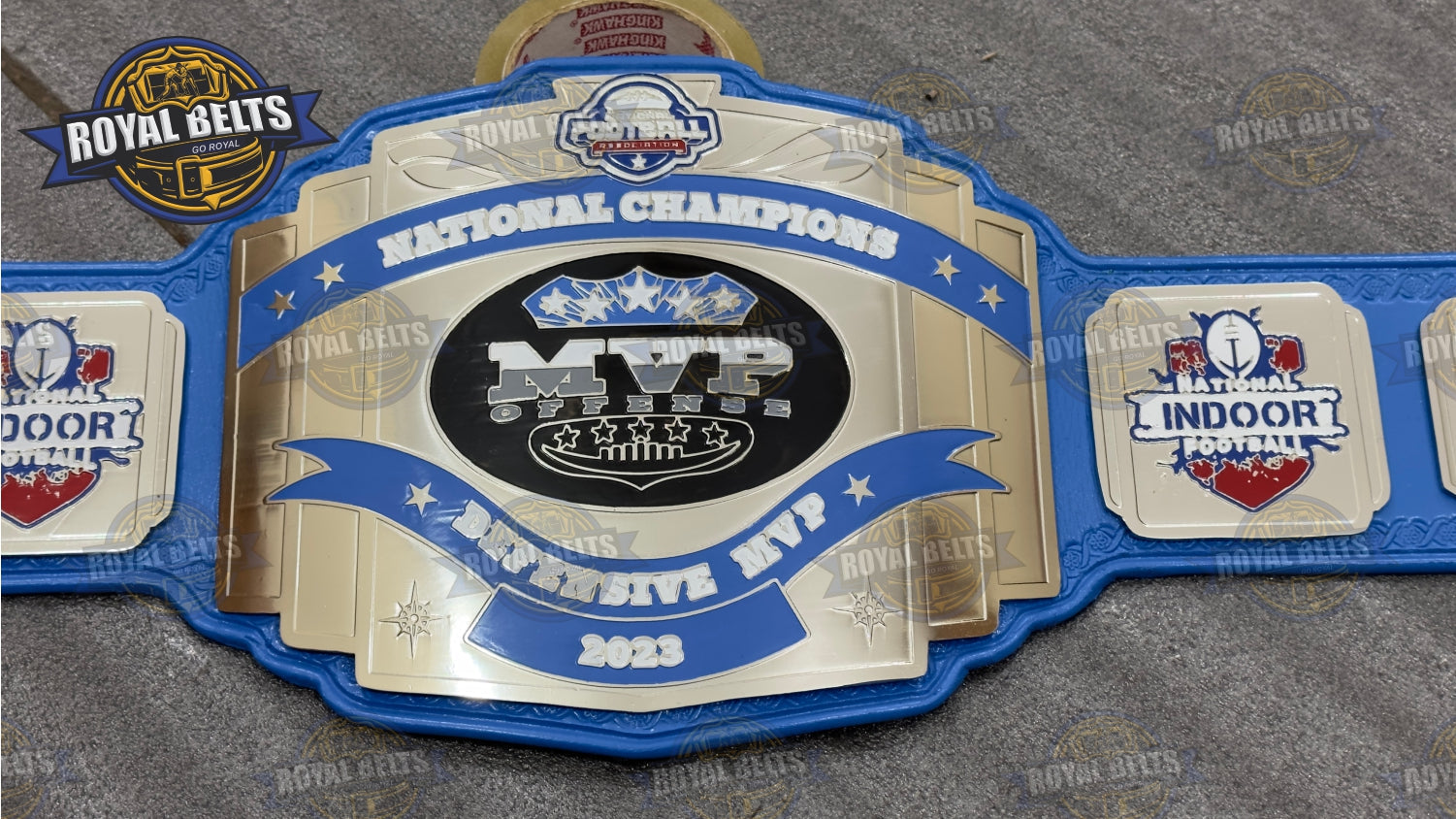 MVP National Champion Belt CNC etched metal plates, beveled edges, adjustable snap strap Made by Royal Belts