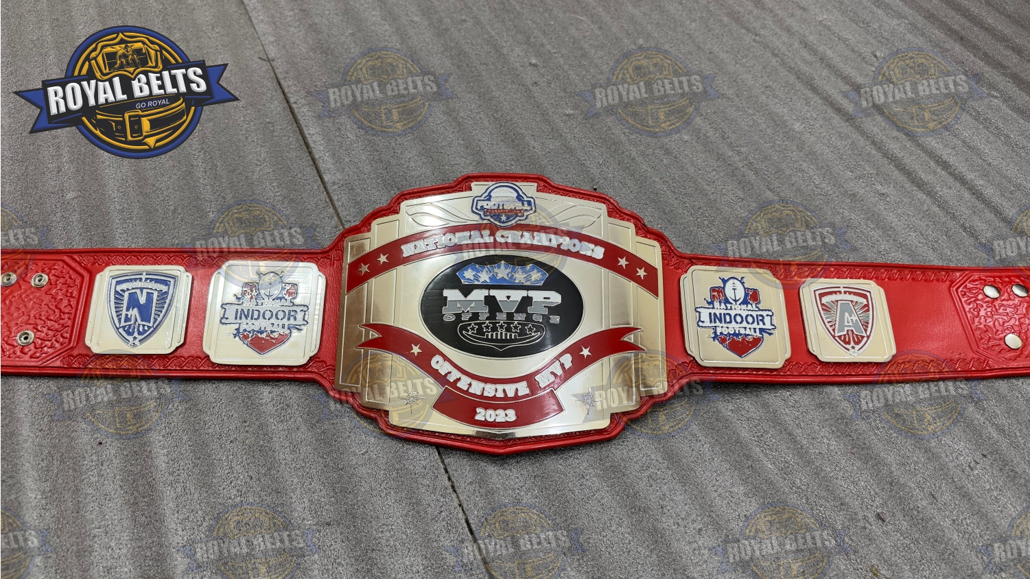 MVP National Title Belt custom embossed lettering, mirror polished center, leather strap