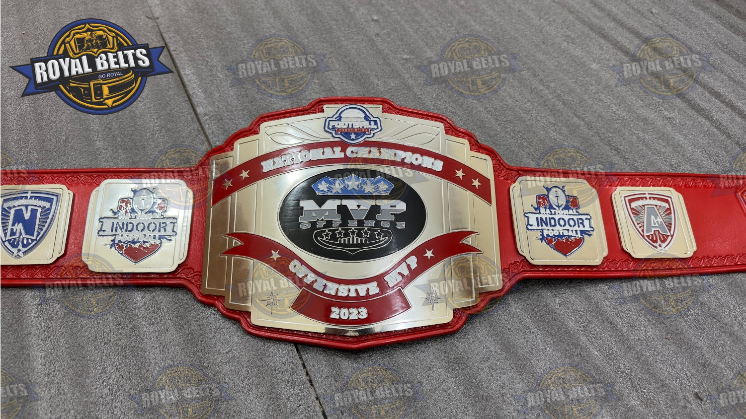 MVP National Championship Belt layered center plate, HD CNC detail, reinforced leather