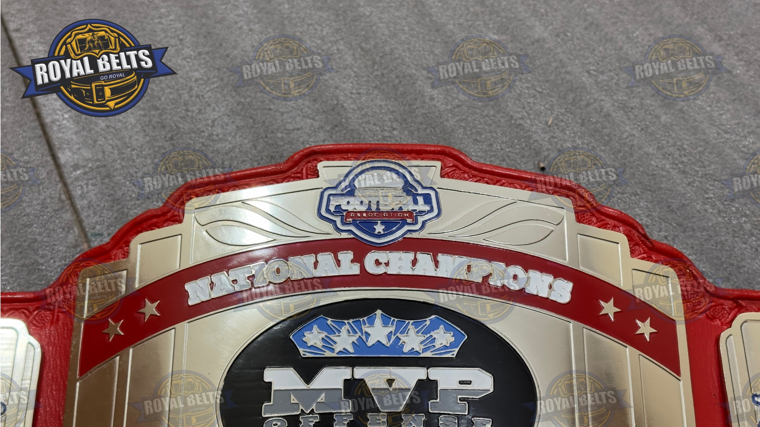 MVP National Championship Belt multi level center plate, embossed text, premium leather