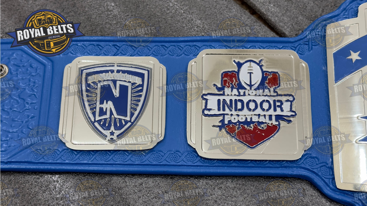 MVP National Champion Belt custom logo engraving, beveled metal edges, adjustable snaps