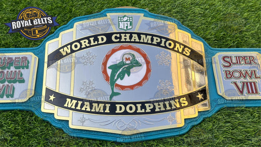 Miami Dolphins Championship Belt brass plated center, raised team logo, sky blue leather strap Manufacture by Royal Belts
