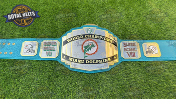 Miami Dolphins NFL Title Belt polished brass plates, embossed dolphin emblem, stitched leather Manufacture by Royal Belts