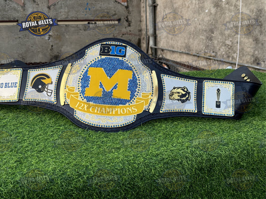 Michigan 12x Championship Title Belt custom engraved center, dual plated metal, black leather strap, snap closure Manufacture by Royal Belts