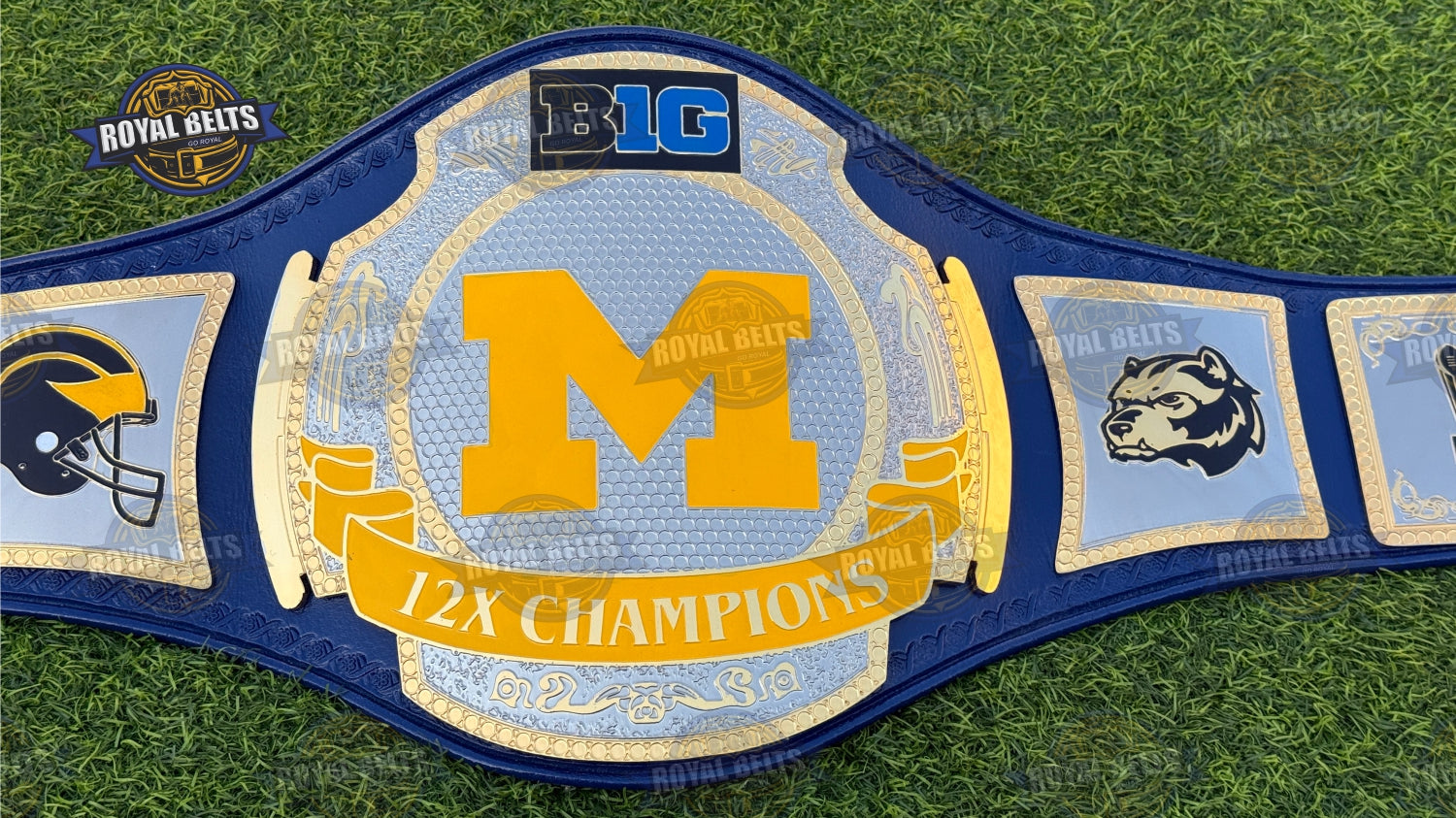 Michigan 12x Championship Belt stacked metal plates, embossed lettering, polished gold finish