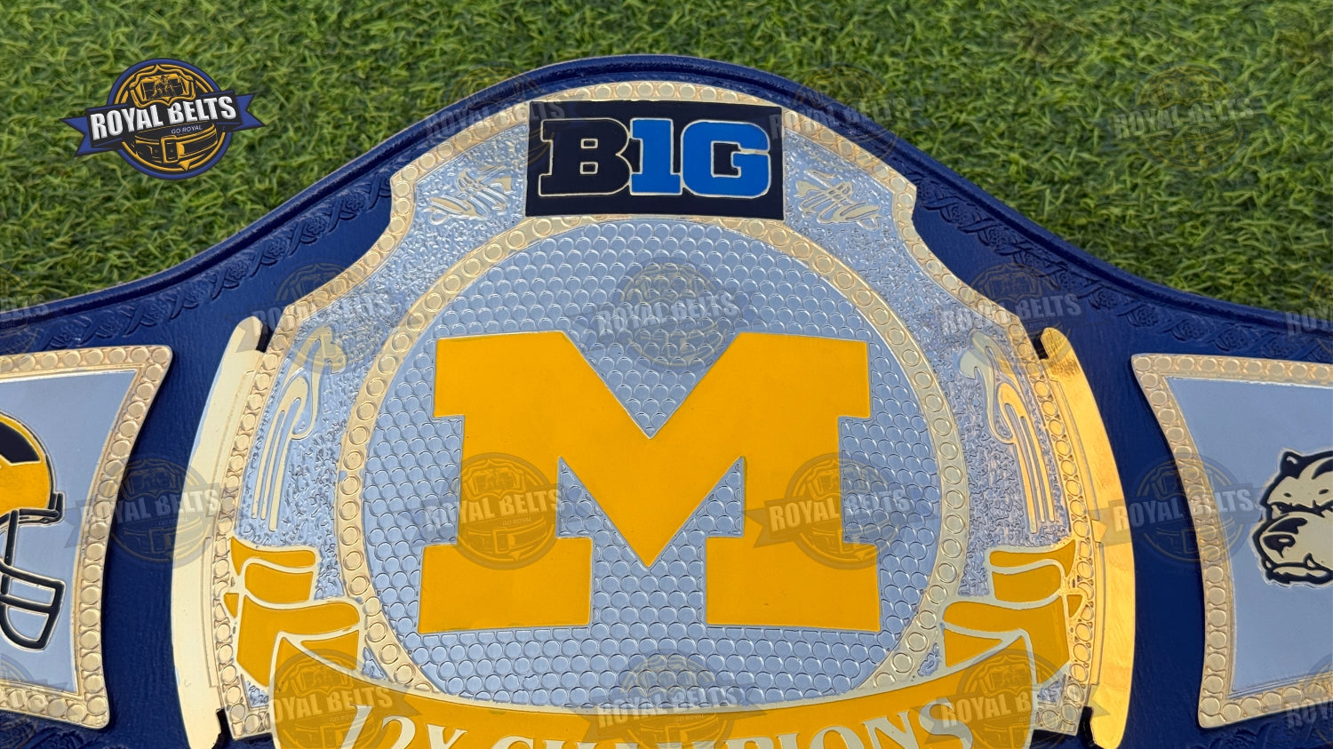 Michigan 12x Custom Belt mirror-polished center, 3D engraved side panels, adjustable strap