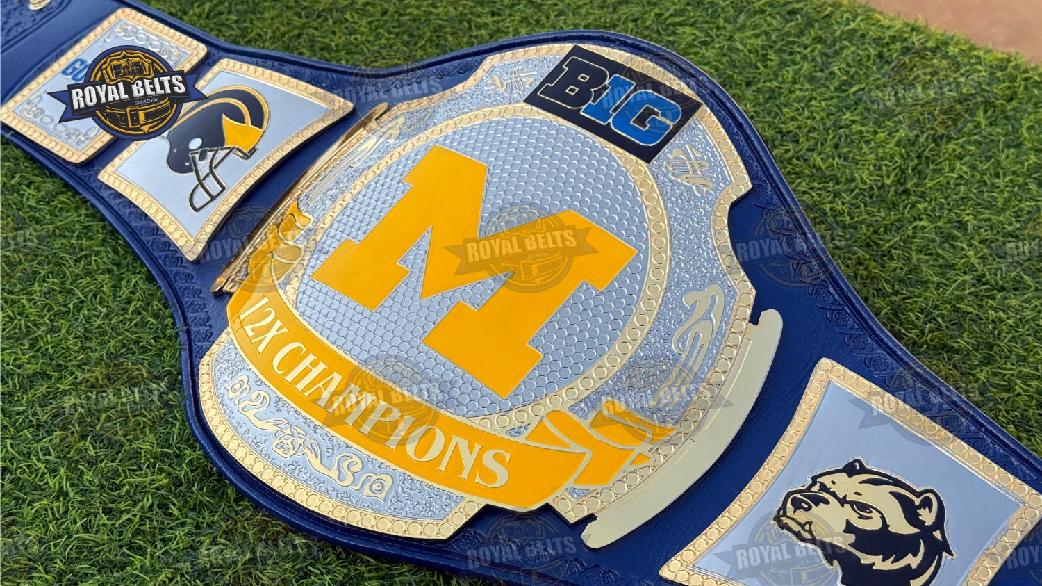 Michigan 12x Championship Title Belt stacked gold plating, beveled edges, stitched premium leather