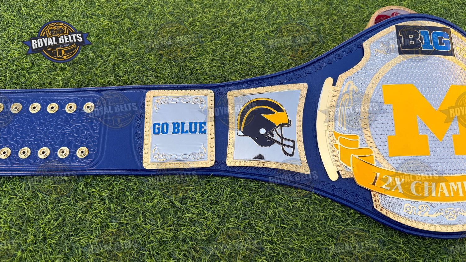 Michigan 12x Wrestling Championship Belt layered plates, raised center logo, polished metal finish