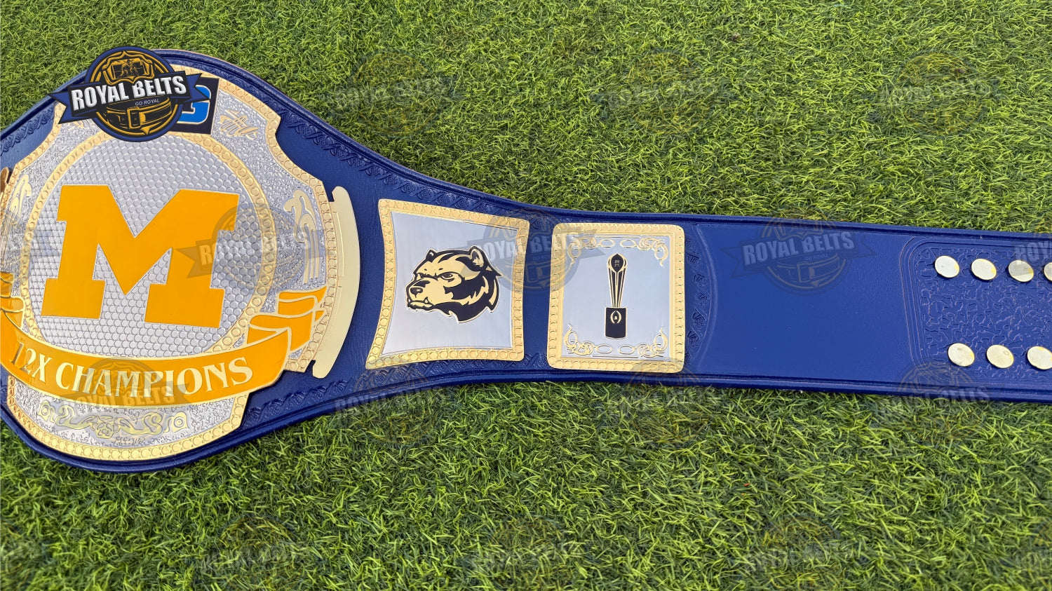 Michigan 12x Wrestling Belt multi level plates, embossed lettering, stitched blue leather backing