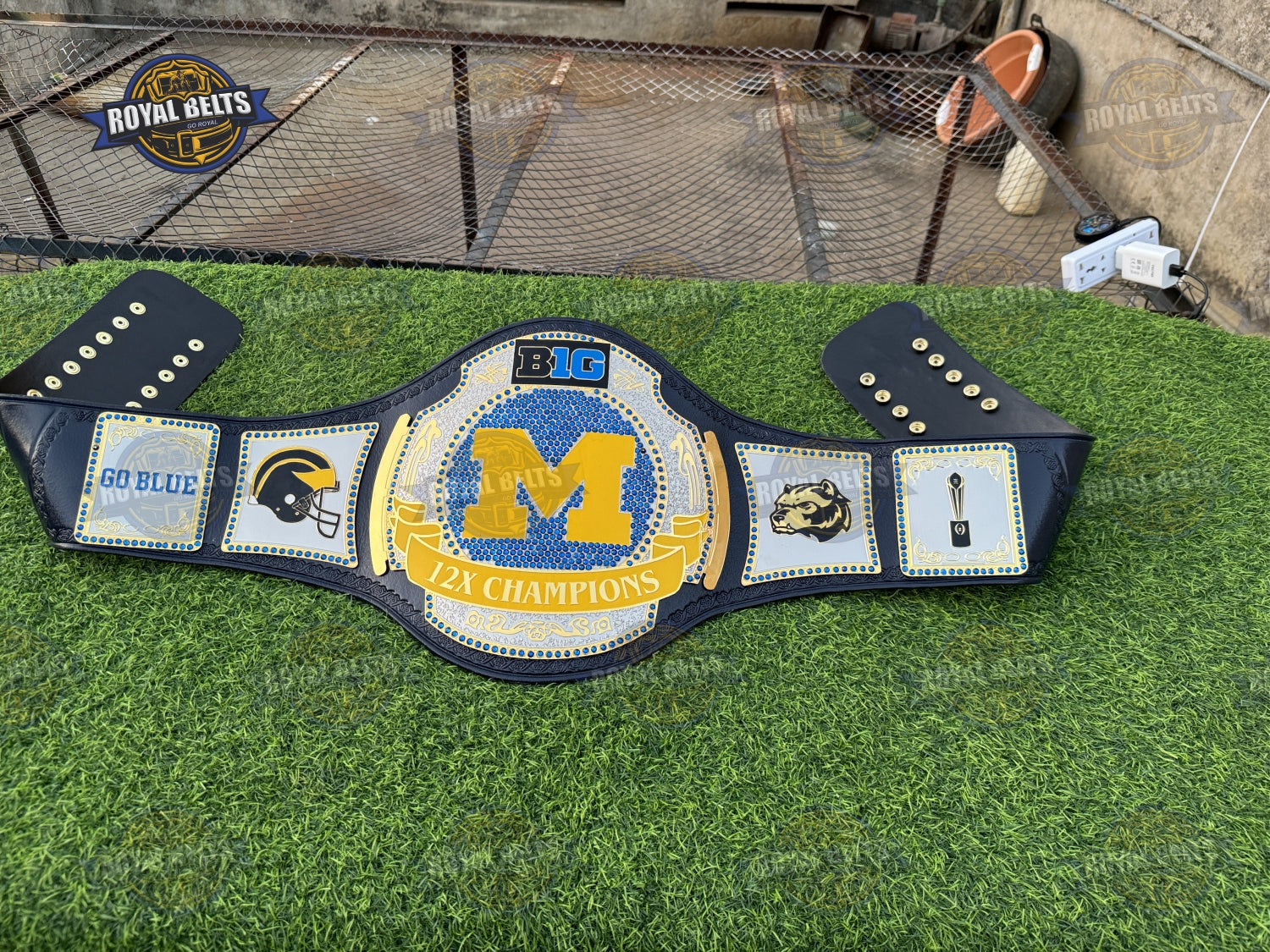 Michigan 12x Title Belt layered gold plates, HD CNC engraved logo, stitched adjustable strap Manufacture by Royal Belts