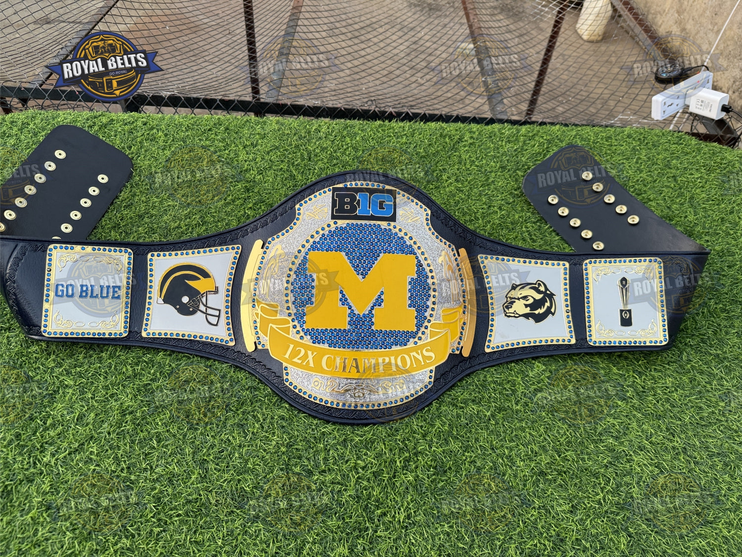 Michigan 12x Championship Belt mirror polished dual plates, stacked center, reinforced leather strap Manufacture by Royal Belts