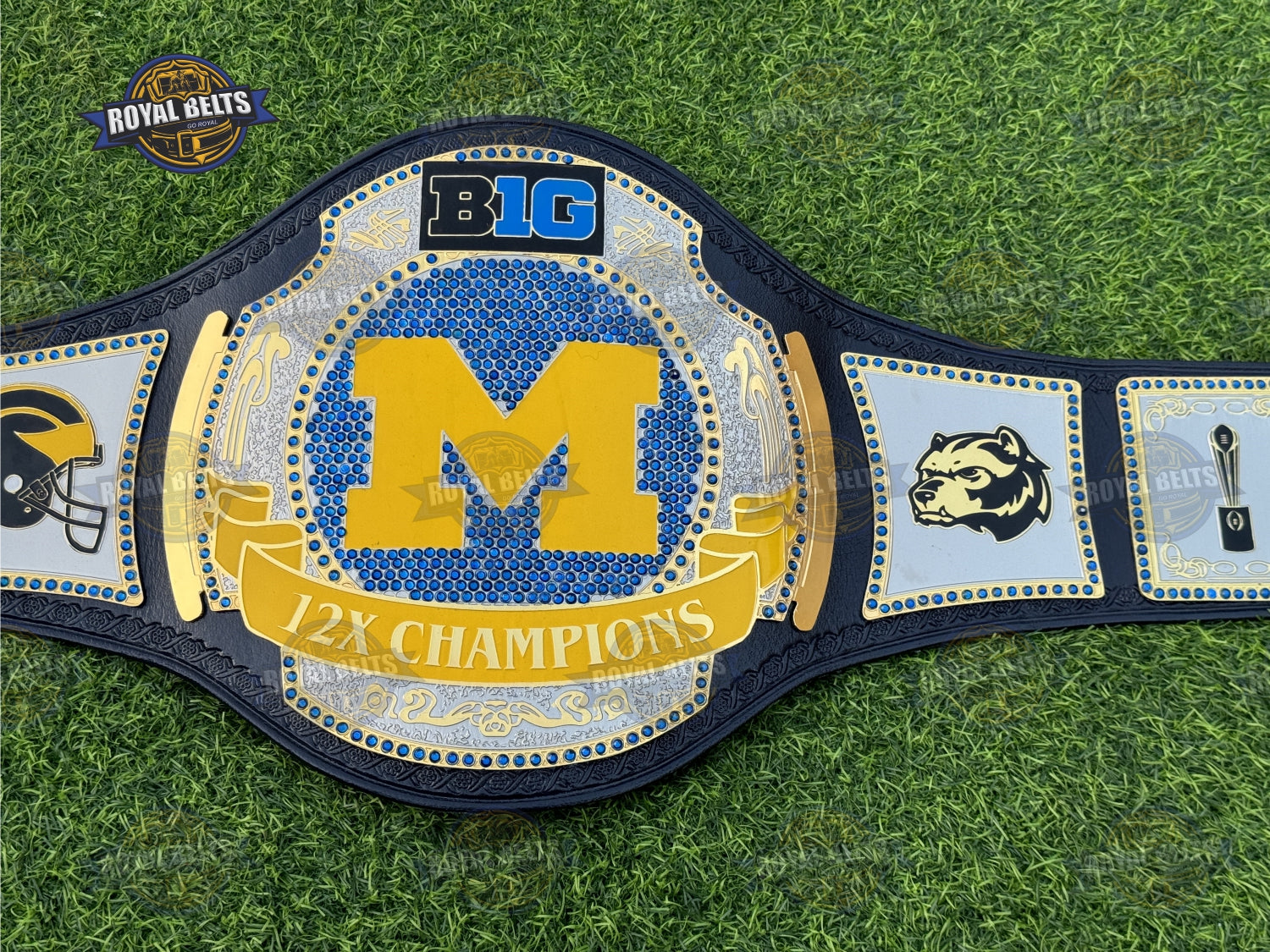 Michigan 12x Wrestling Championship Belt bold engraved letters, layered side plates, adjustable strap