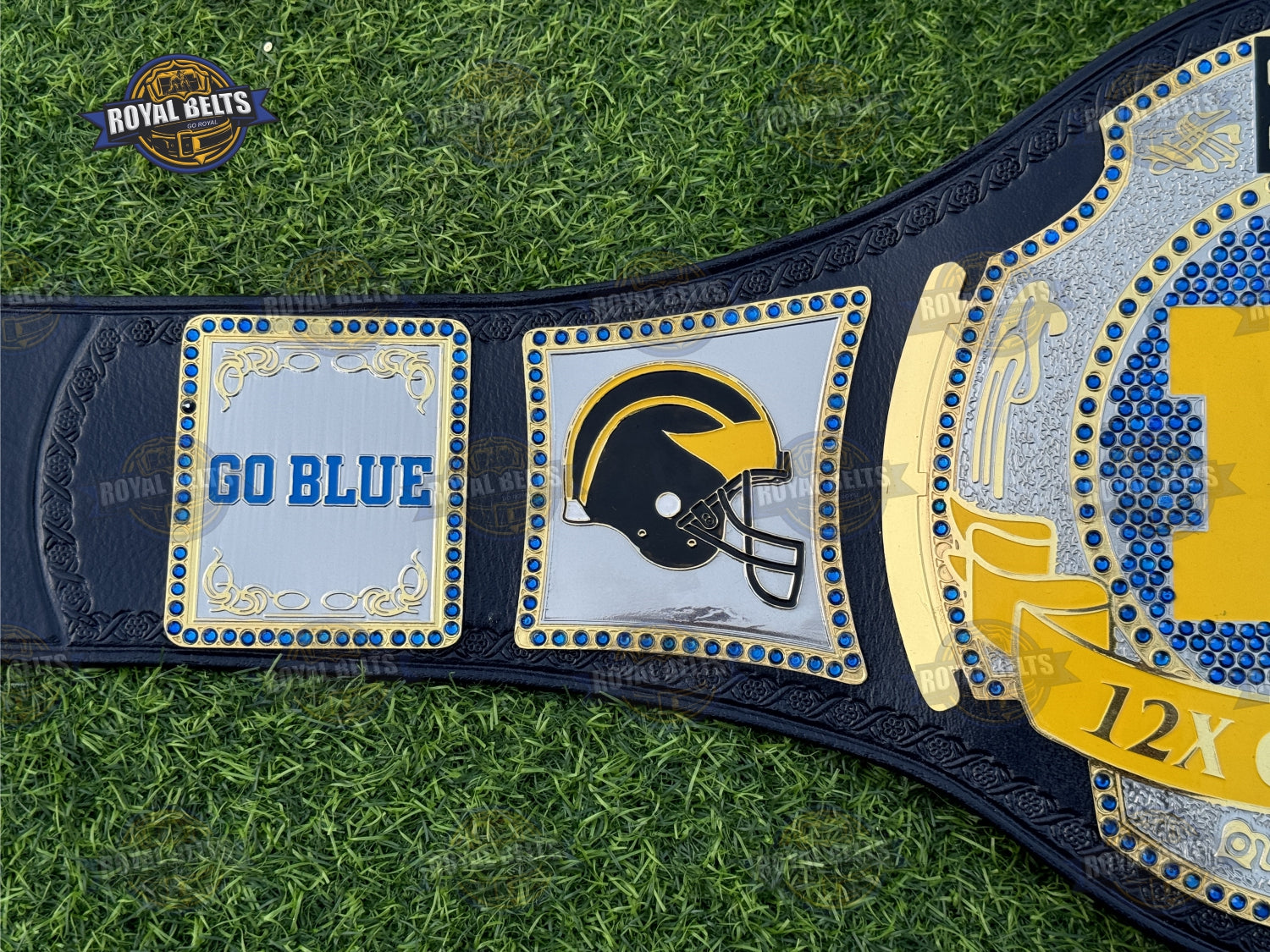 Michigan 12x Belt stacked dual plates, polished center, HD CNC engraved detailing