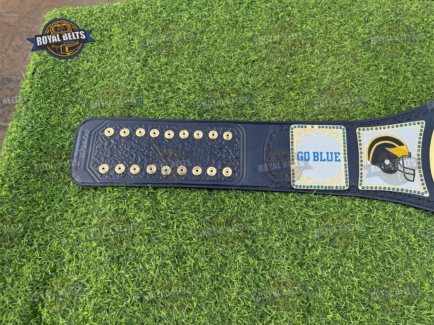 Michigan 12x Wrestling Belt raised gold logo, multi level metal plates, adjustable snap closure