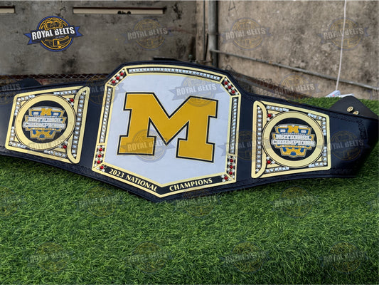 Michigan Wolverines custom WWE Legacy title belt with black and gold design Manufacture by Royal Belts 