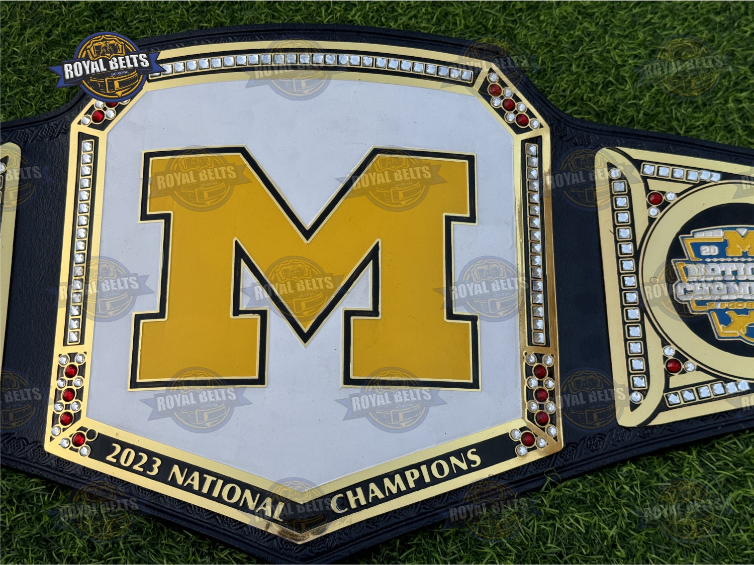 Michigan Wolverines WWE Legacy championship belt with detailed metal plates Designed by Royal Belts 