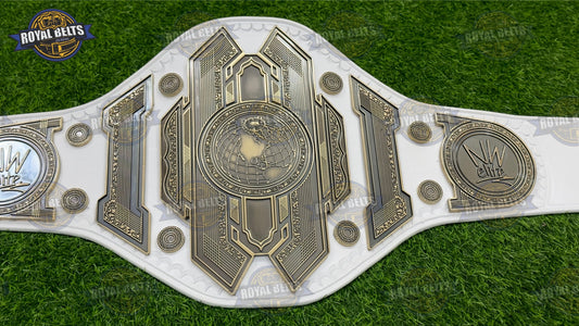 NEW ELITE custom wrestling belt with HD CNC engraved center plate, nickel plated metal, white leather strap Crafted by Royal Belts