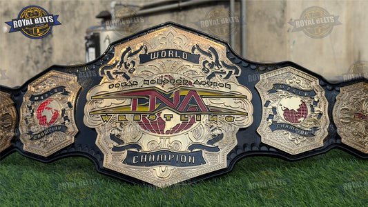 NEW TNA World Championship Title Belt HD CNC with polished gold center plate and black leather strap Manufacture by Royal Belts