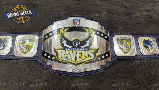 Baltimore Ravens NFL Championship Title Belt, brass plated, engraved logo, adjustable strap, heavyweight replica Made by Royal Belts