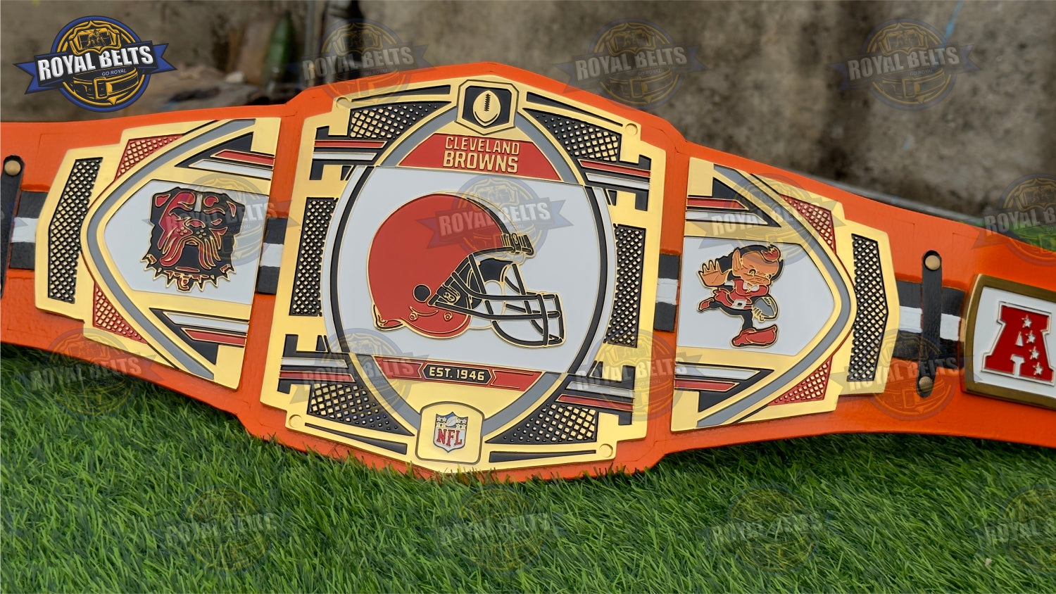 NFL Cleveland Browns championship title belt CNC with gold plates, orange leather strap Manufacture by Royal Belts 