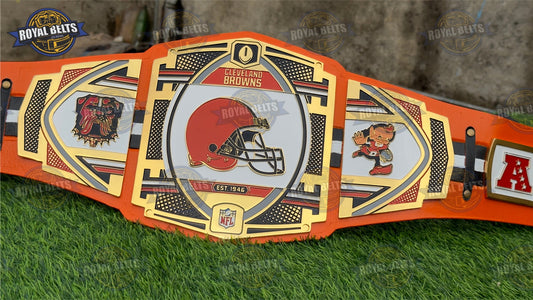 NFL Cleveland Browns championship title belt CNC with gold plates, orange leather strap Manufacture by Royal Belts 