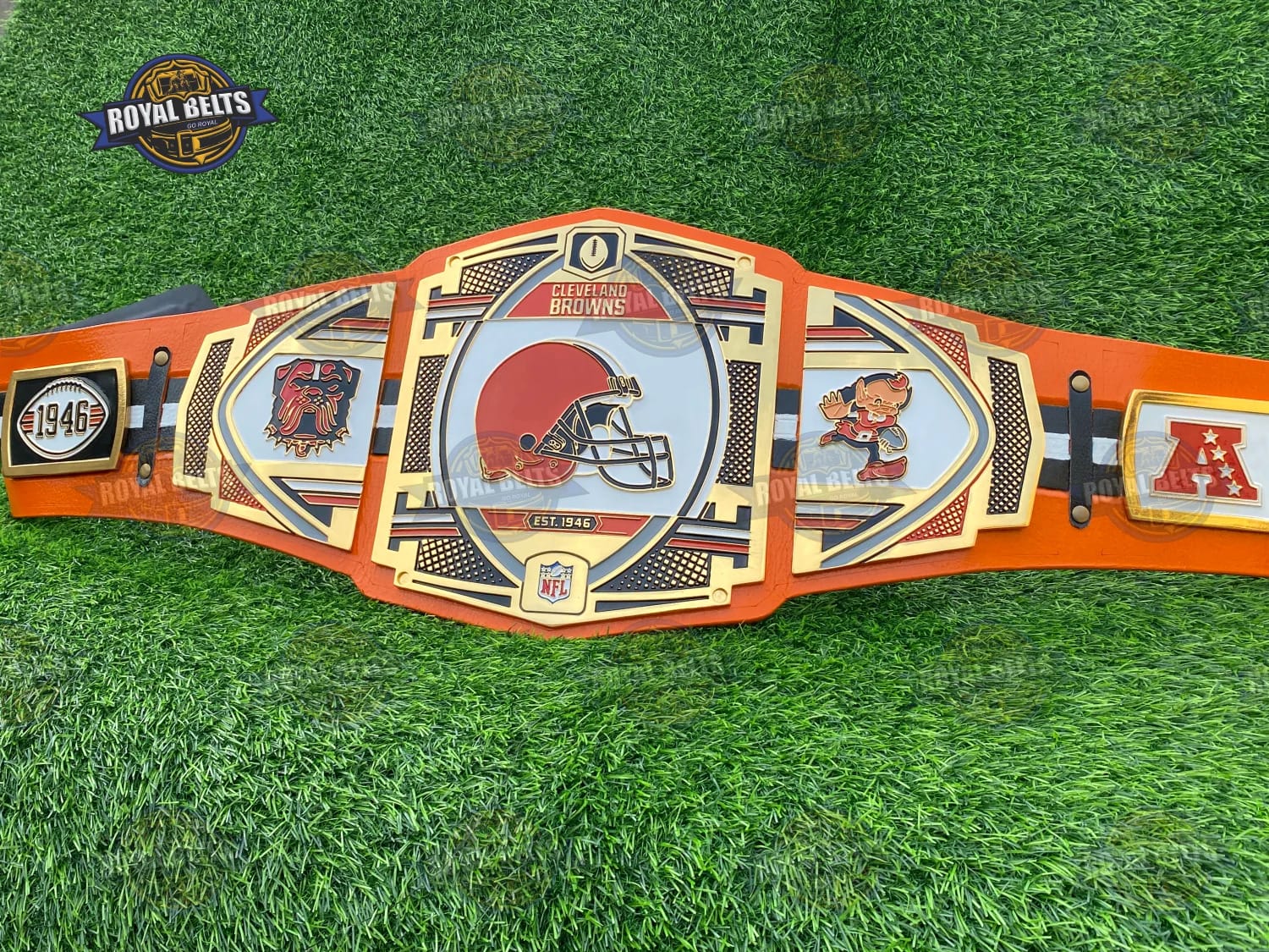 Browns football championship belt featuring CNC machined gold plates Crafted by Royal Belts