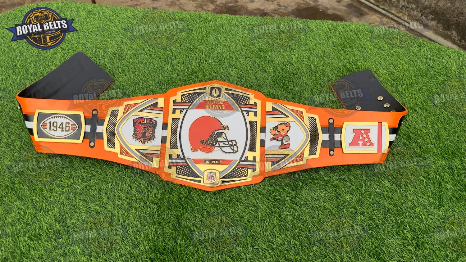 NFL Browns title belt with adjustable premium leather backing Handmade by Royal Belts