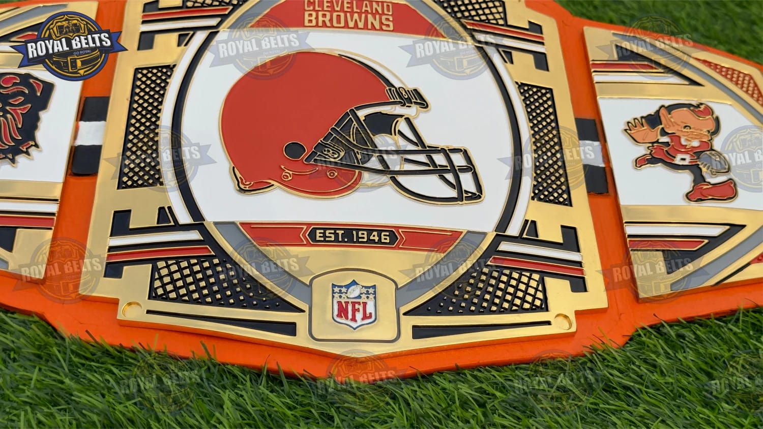 Browns NFL championship title belt with polished gold CNC finish 