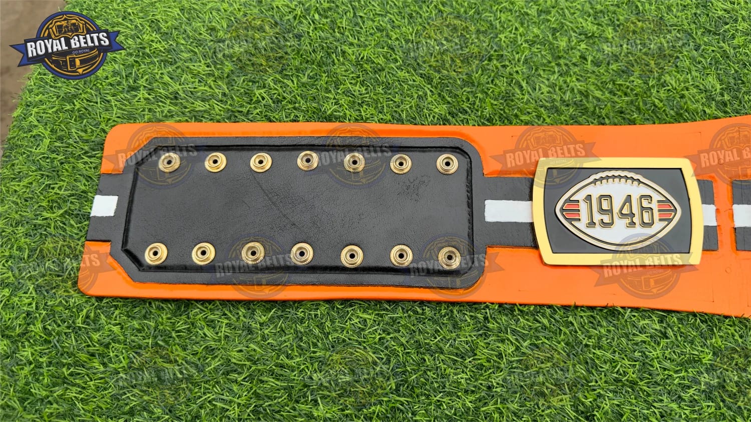 Cleveland Browns fan belt featuring raised CNC center plate design
