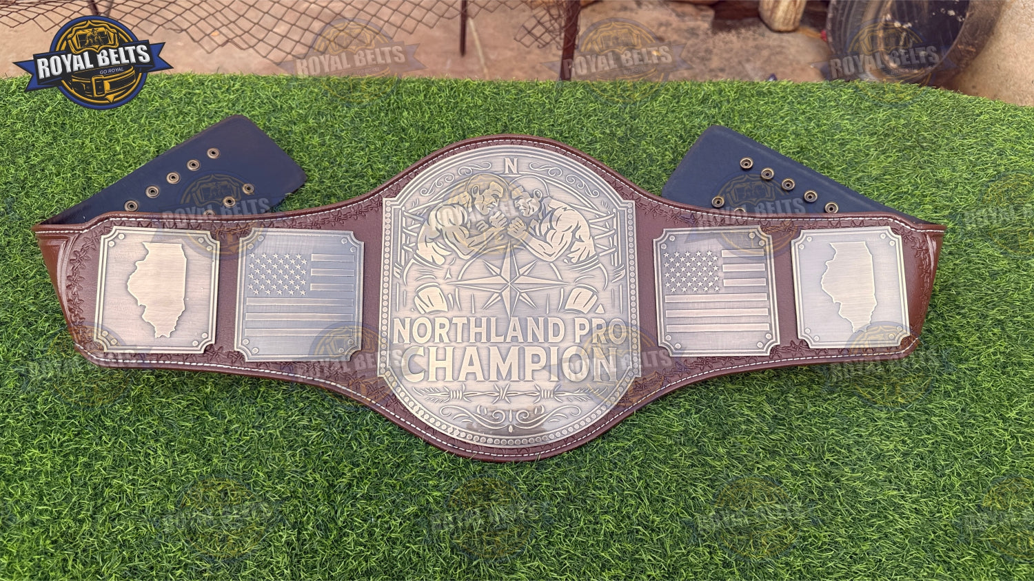 NORTHLAND PRO Custom World Championship title belt with CNC gold plates, maroon leather strap, snap closure Crafted by Royal Belts