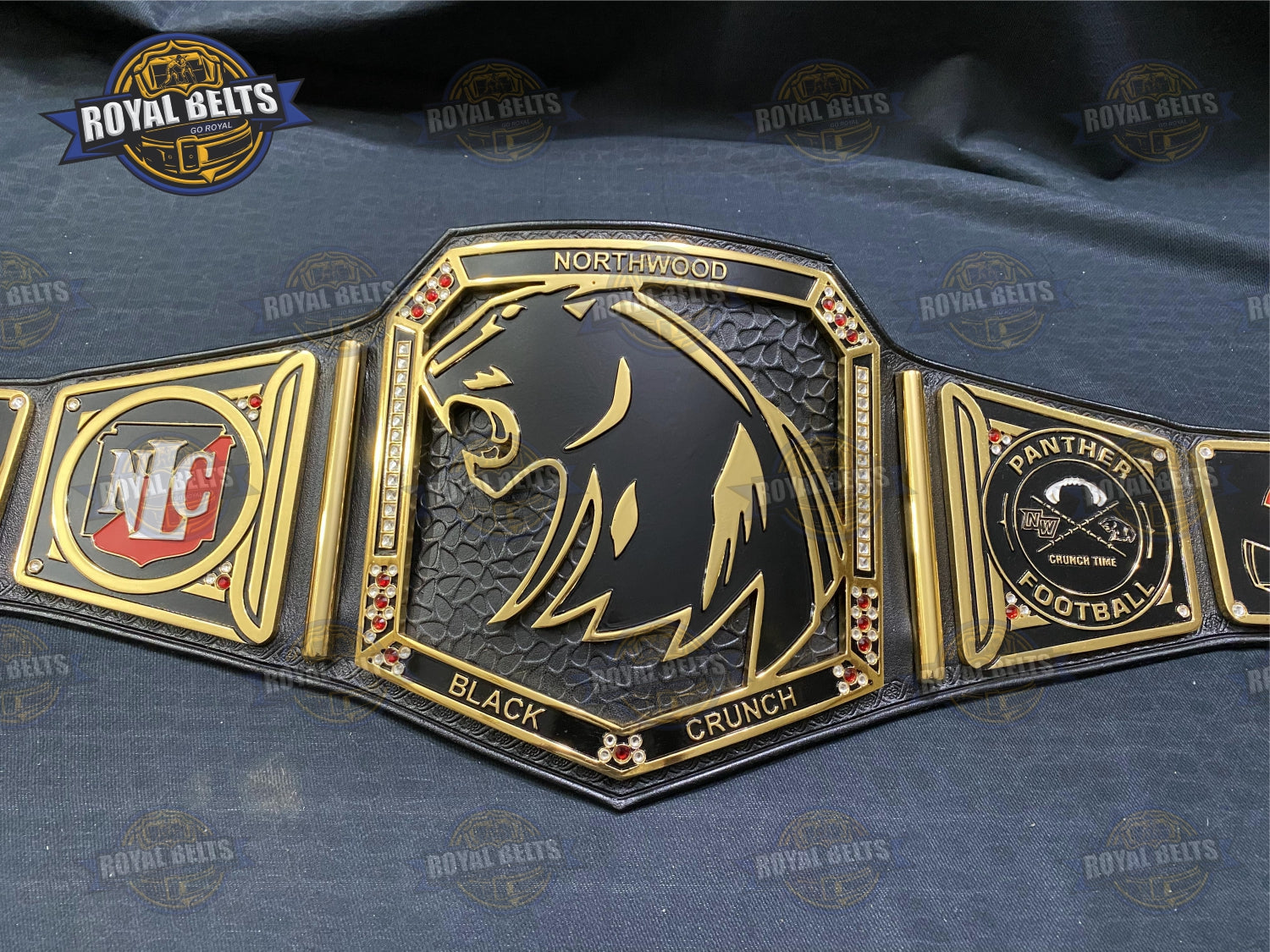 NORTHWOOD Black Crunch Football Belt HD CNC engraved 3D center, stacked gold plates, black leather strap Crafted by Royal Belts