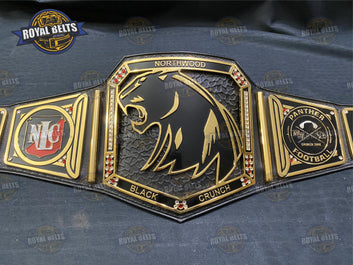 NLC Custom NORTHWOOD Football Belt raised 3D logo, mirrored side panels, stitched premium leather Crafted by Royal Belts