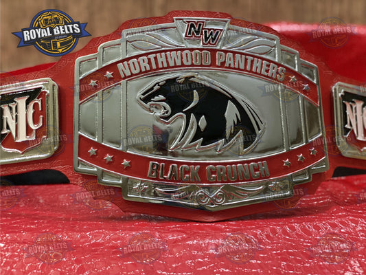 NORTHWOOD Panthers Championship Title Belt with red crunch leather strap, custom engraved center plate Made by Royal Belts