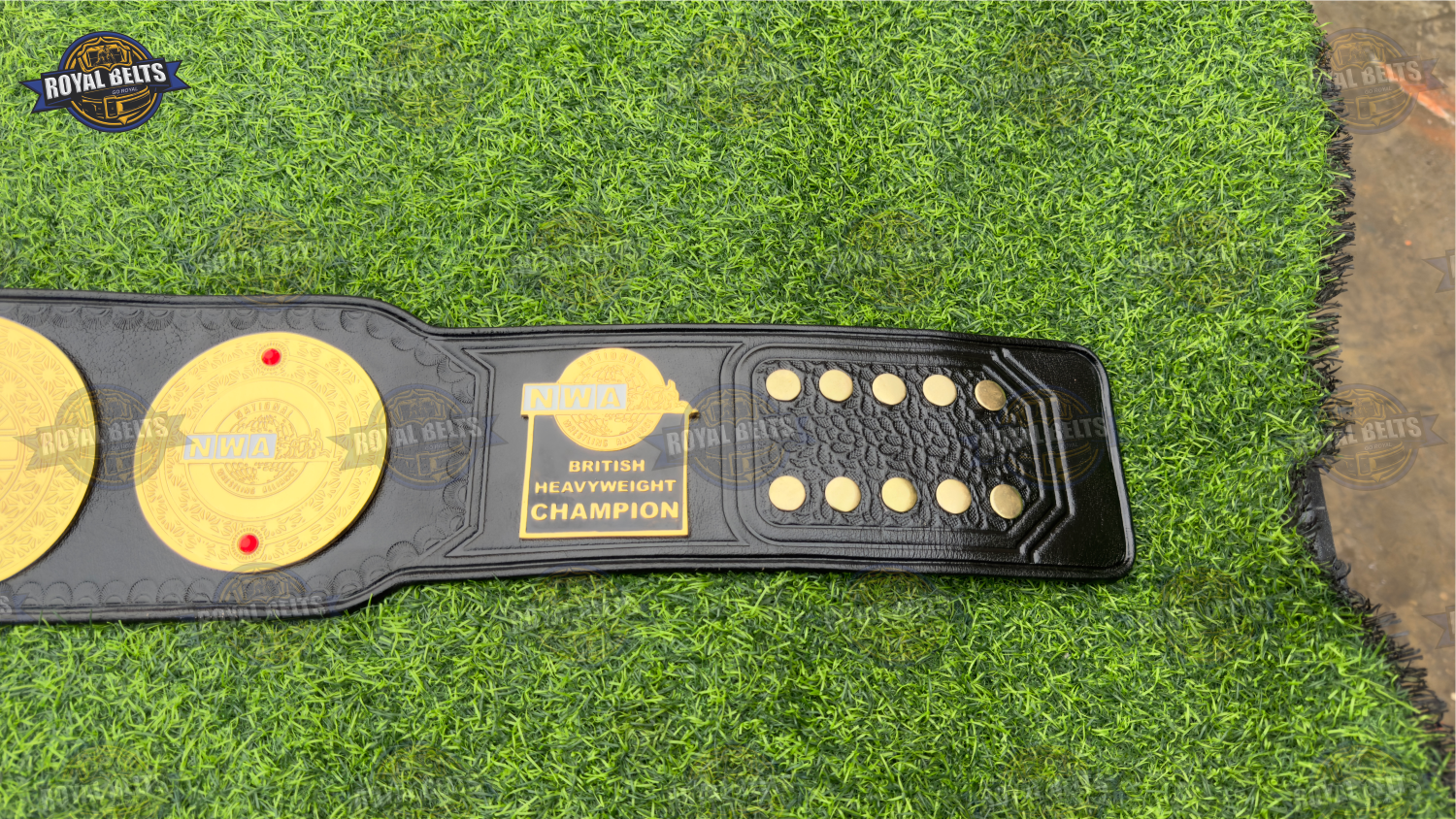 NWA British World Heavyweight Championship Title Belt black leather strap with polished gold trim
