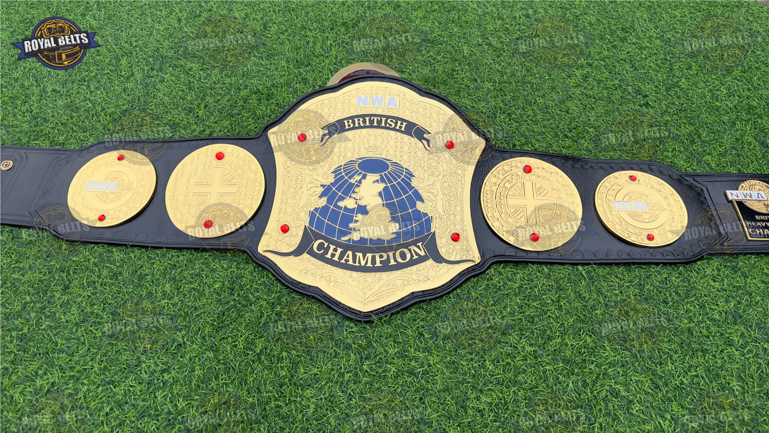 NWA British World Heavyweight Championship Title Belt HD CNC engraved British crest with polished gold finish Made by Royal Belts