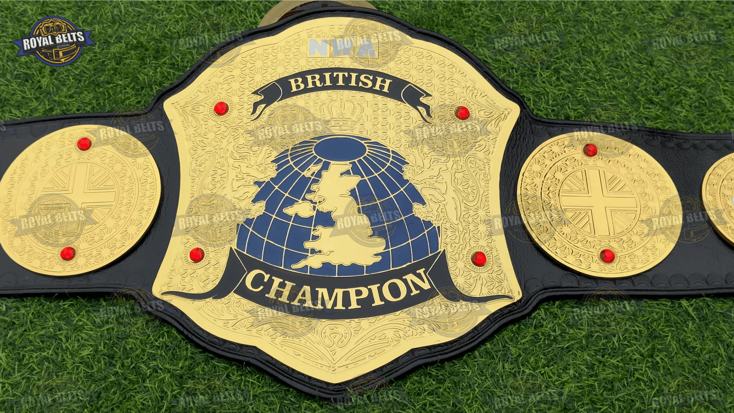NWA British World Heavyweight Championship Title Belt raised lettering with thick cowhide leather strap Made by Royal Belts