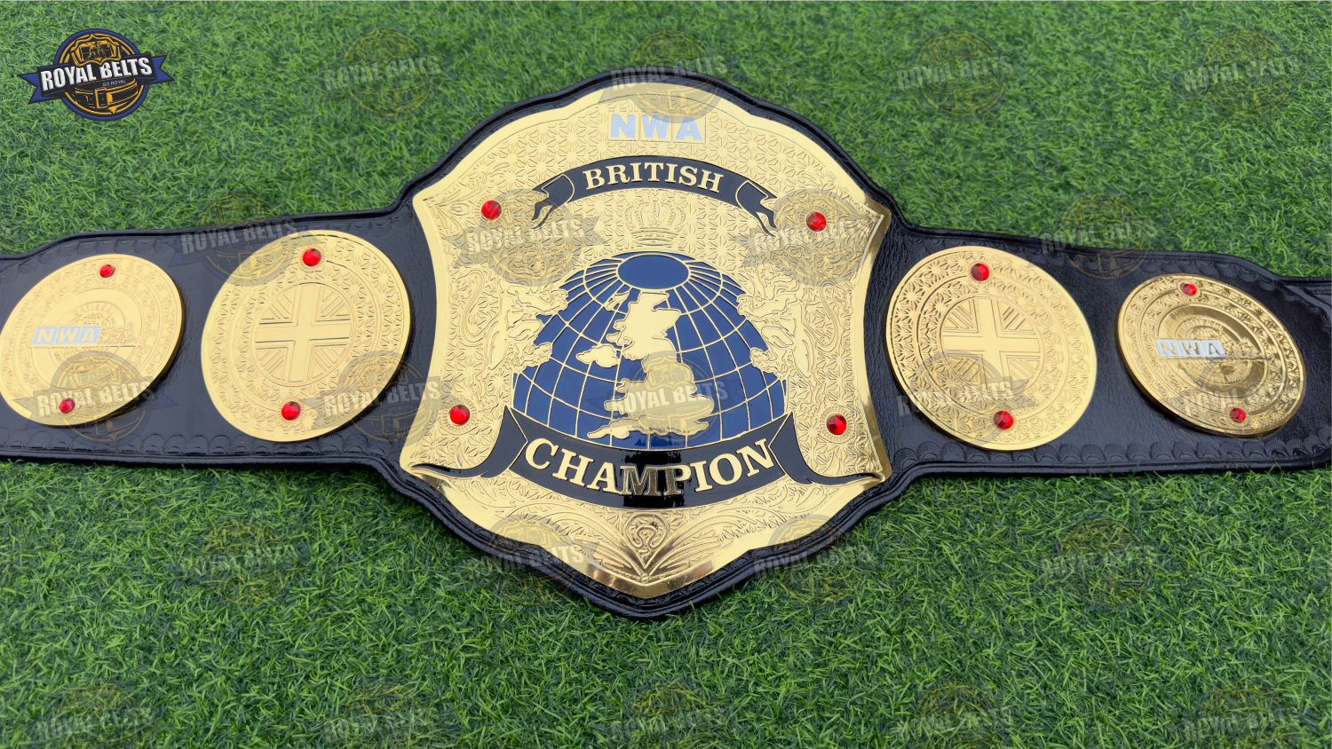 NWA British World Heavyweight Championship Title Belt flexible stitched leather strap with glossy gold plates