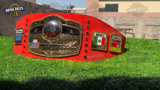NWA Domed Globe championship title belt with gold plates and black leather strap Made by Royal Belts
