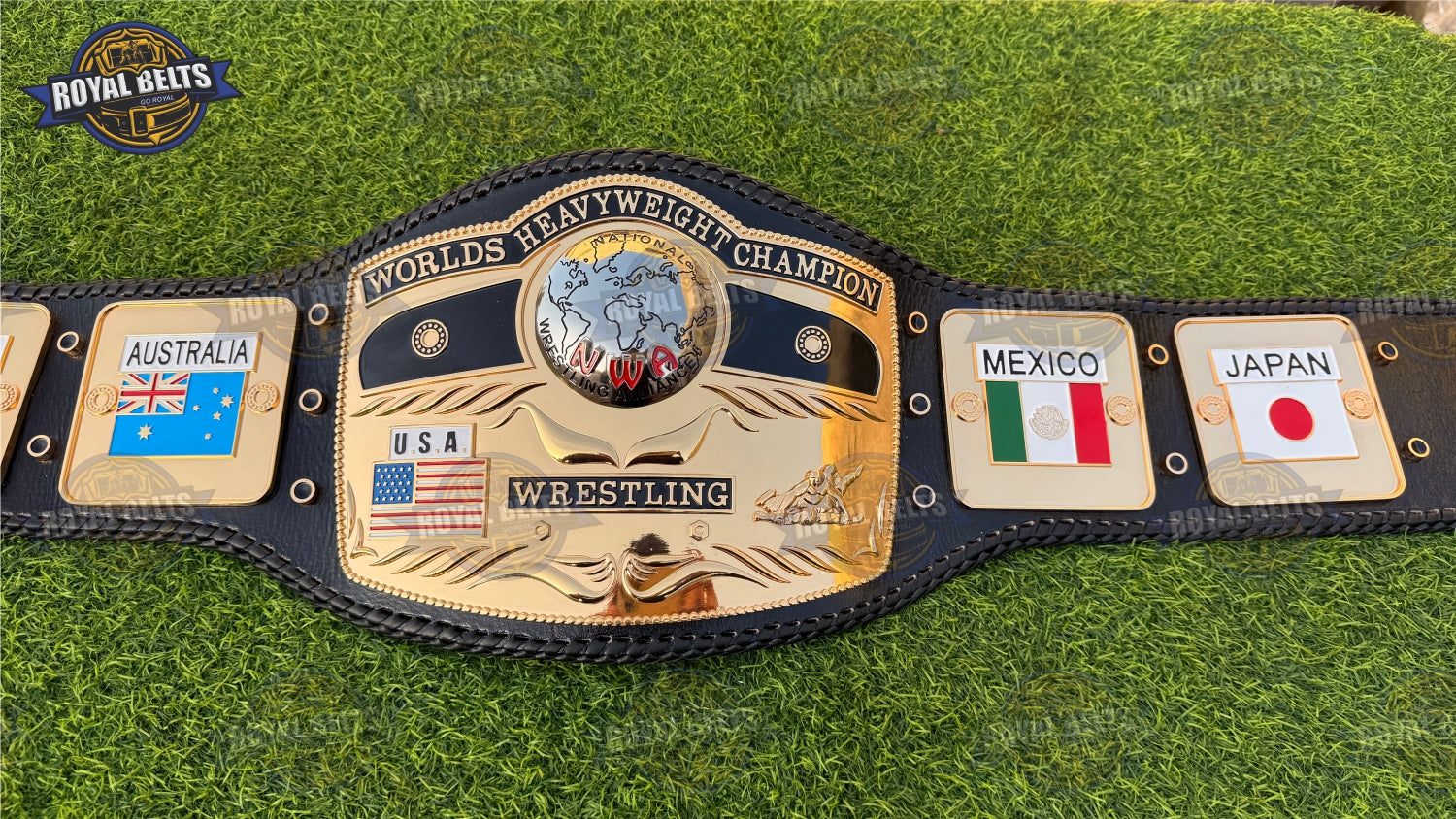 NWA Domed Globe championship belt with HD CNC gold plates and black leather strap Manufacture by Royal Belts 