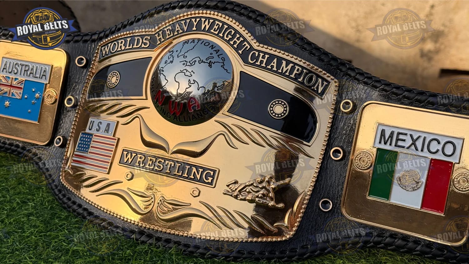 NWA Domed Globe title belt with premium CNC machined gold plates