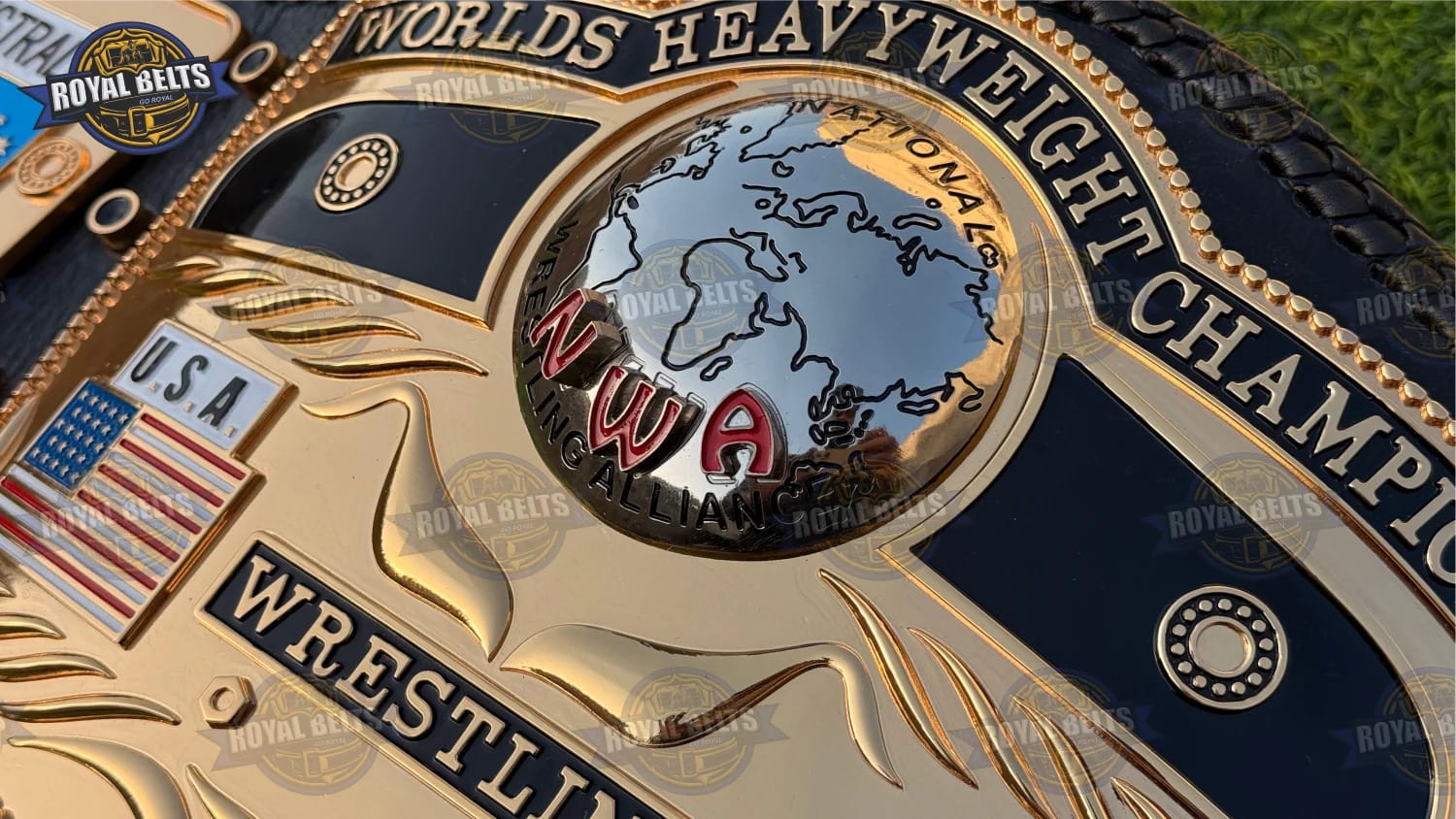 Classic NWA World championship belt with engraved Domed Globe artwork