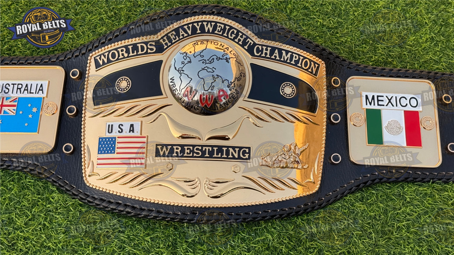 NWA World Heavyweight Domed Globe belt featuring CNC engraved center plate Made by Royal Belts