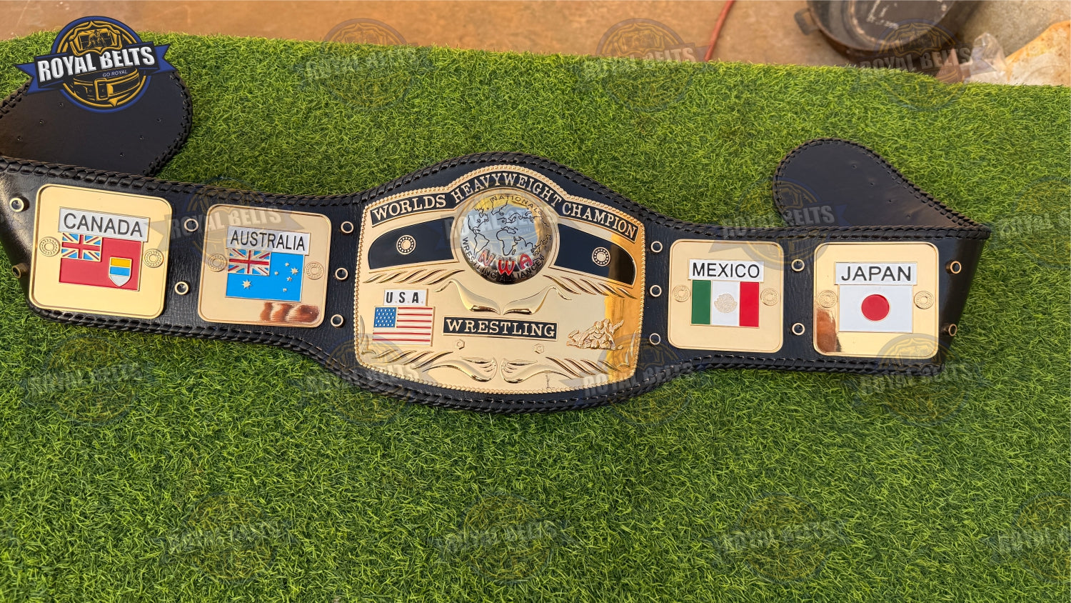 NWA Domed Globe belt collectible with stitched black leather strap